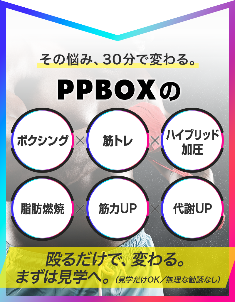 その悩み、30分で変わる。PPBOXのボクシングx筋トレxハイブリッド加圧、脂肪燃焼x筋力UPx代謝UP 殴るだけで、変わる。まずは見学へ。(見学だけOK/無理な勧誘なし)